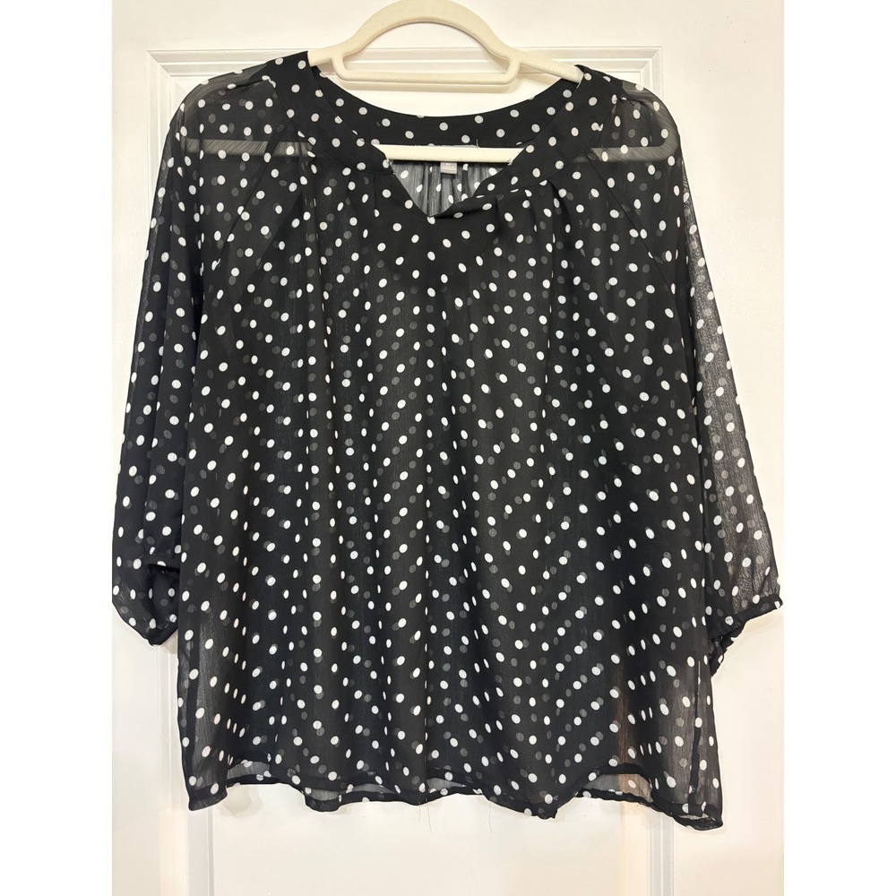 NY Collection Petite Polka Dot Blouse Black White V-Neck 3/4 Sleeve Large Sheer